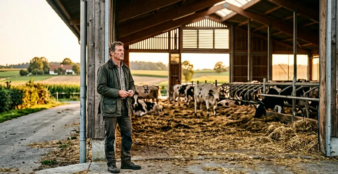 Landwirt vor modernem Tierwohl-Stall mit Außenklima in Deutschland