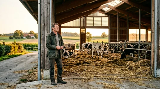 Landwirt vor modernem Tierwohl-Stall mit Außenklima in Deutschland
