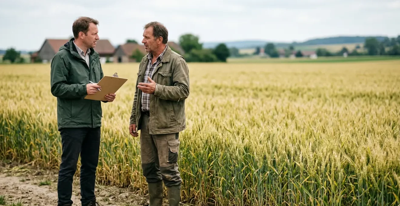 Landwirtschaftlicher Berater im Gespraech mit Landwirt auf deutschem Feld