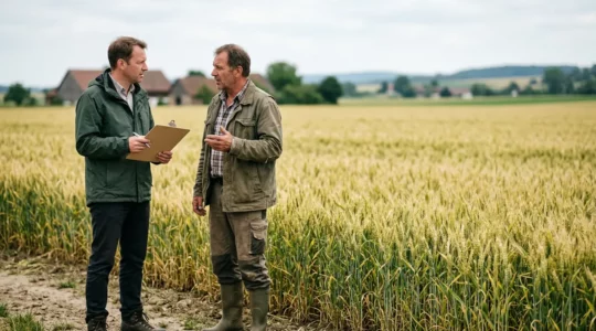Landwirtschaftlicher Berater im Gespraech mit Landwirt auf deutschem Feld