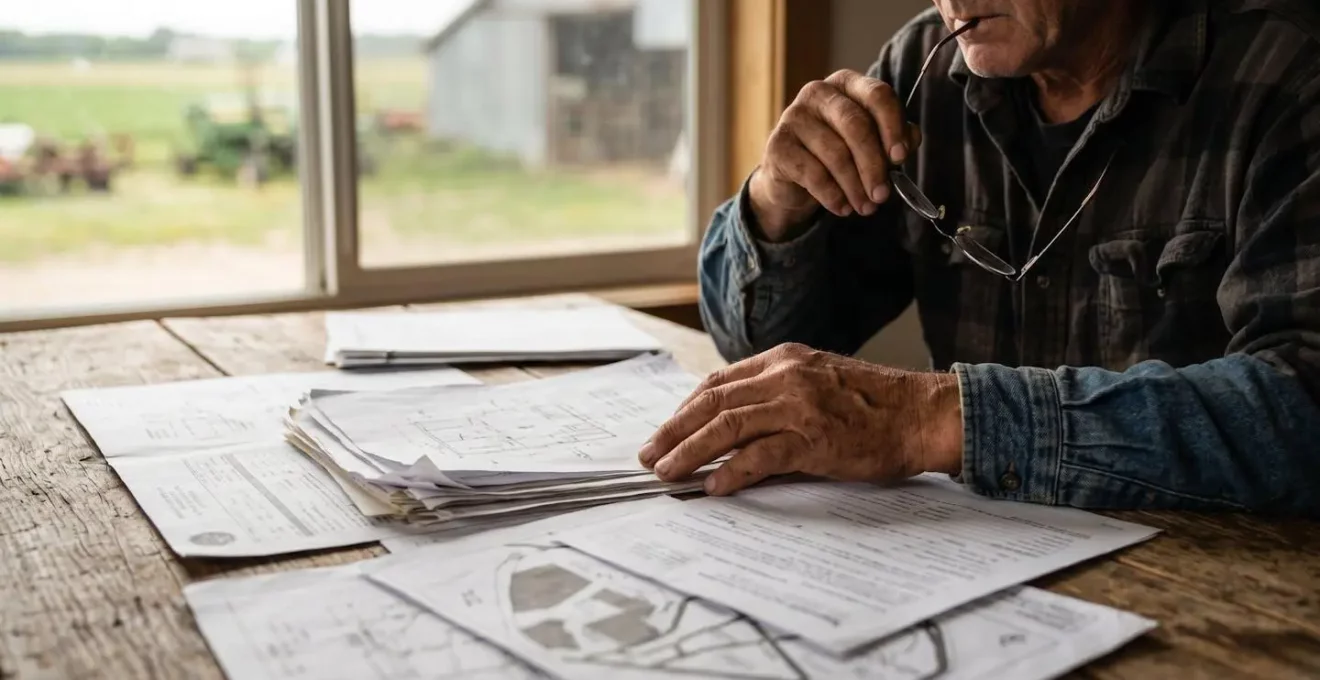 Landwirt prüft Versicherungsunterlagen für Gewächshauskonstruktion am Arbeitstisch