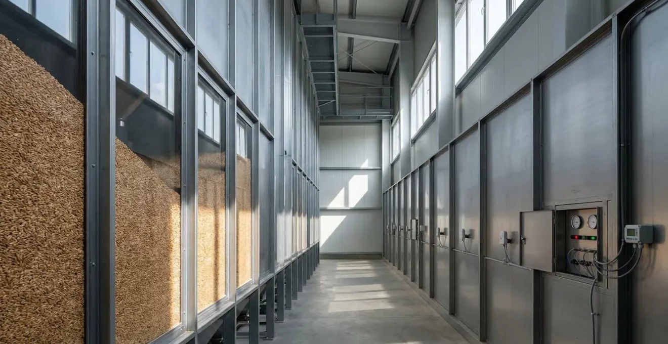 Moderner Getreidespeicher mit natürlicher Schädlingsbekämpfung und Temperatursensoren