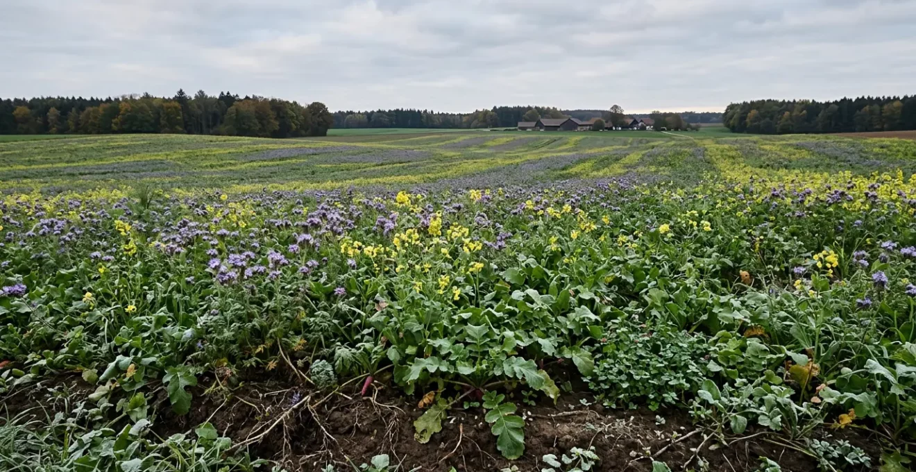 Vielfältige Zwischenfruchtmischung auf deutschem Ackerboden mit verschiedenen Pflanzenarten vor Frostperiode