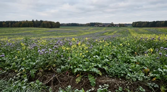 Vielfältige Zwischenfruchtmischung auf deutschem Ackerboden mit verschiedenen Pflanzenarten vor Frostperiode