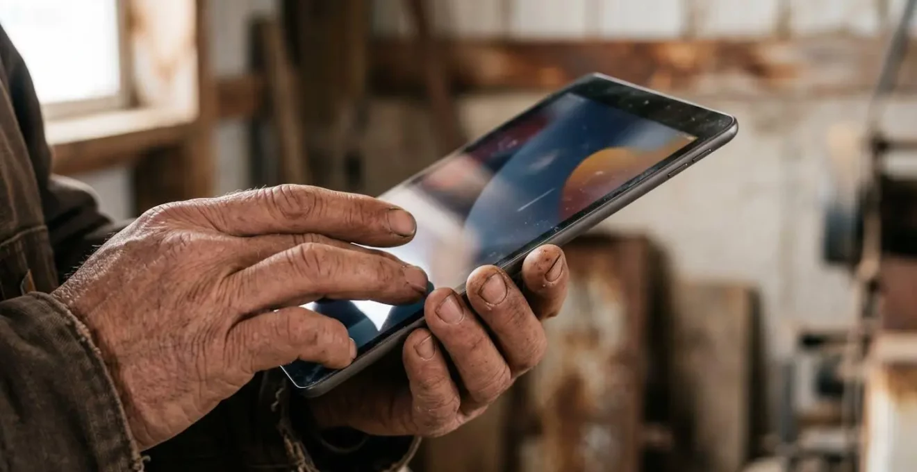 Nahaufnahme von Händen eines Landwirts, die ein Tablet zur digitalen Stallkontrolle nutzen