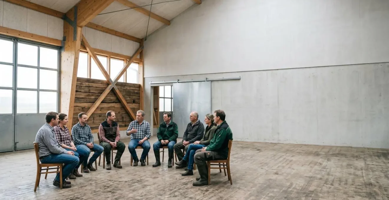 Weitwinkelaufnahme einer Versammlung deutscher Landwirte bei einer Erzeugergemeinschaft in ländlicher Umgebung